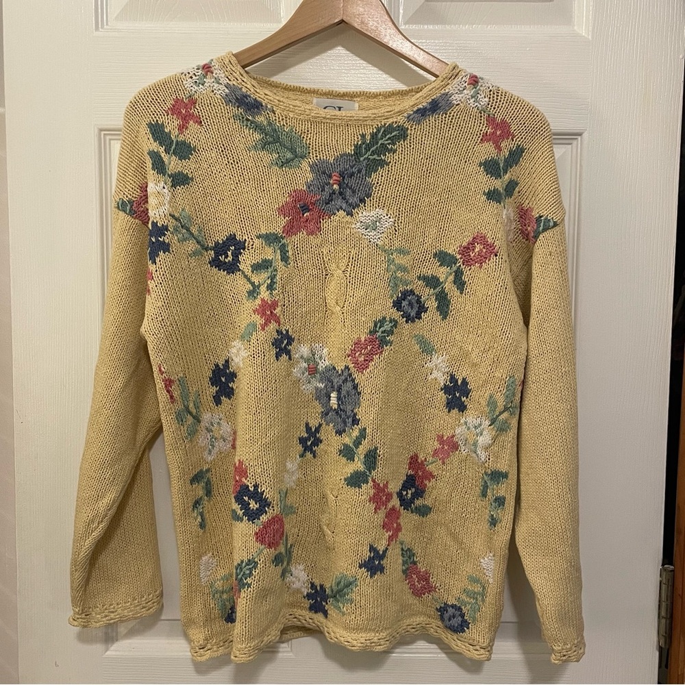 Vintage Grandma Sweater Floral Cricket Lane Cream Butter Yellow Grannycore L